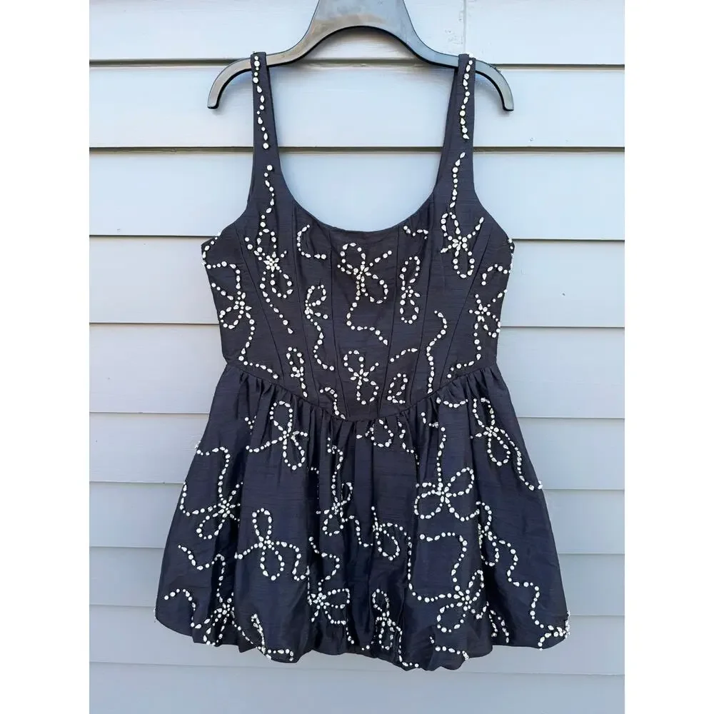 NWT LoveShackFancy Crystal Bow Shantung Brookhaven Minidress 8